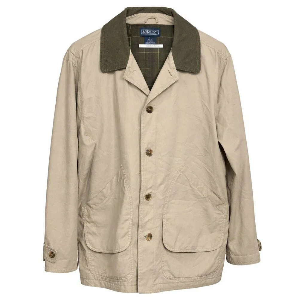 Lands’ End Tan Field Jacket Coat Corduroy Collar Plaid Lined Men’s XL 46–48 - Picture 1 of 12